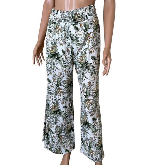 Peach Love California white & green leaf print pull on wide leg lightweight SZ S - Picture 3 of 13